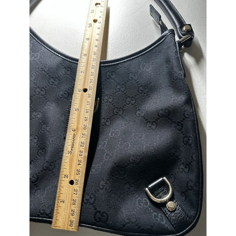 Gucci Vintage Abbey Hobo Bag Black GG Canvas Leather Trim D-Ring